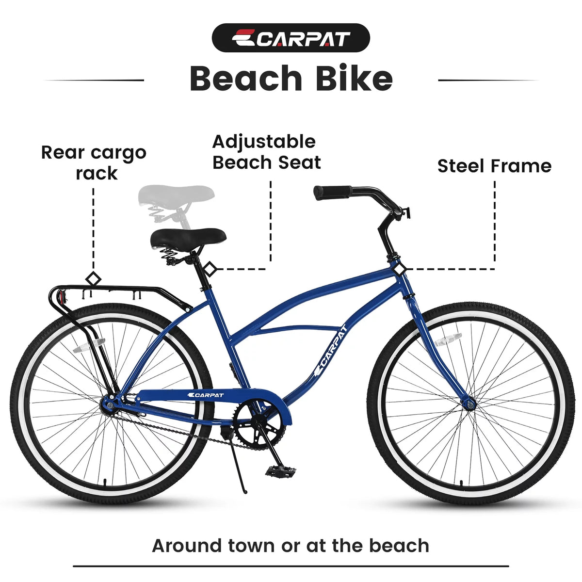 26in. White Steel Frame Beach Cruiser Bike A776