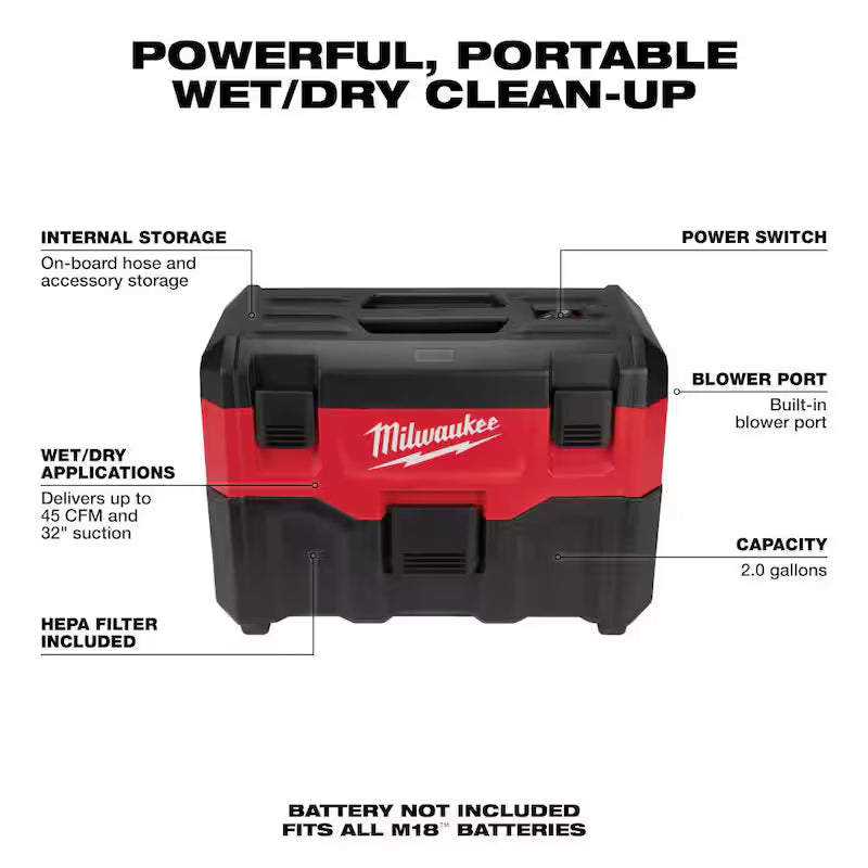 18-Volt 2 Gal. Cordless Wet/Dry Vacuum with Brush and Crevice Kit H3092