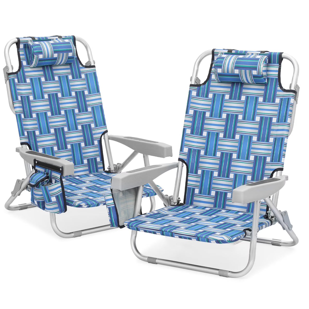 Blue Stripes Folding Beach Chairs Set of 2 with Side Pocket W876917