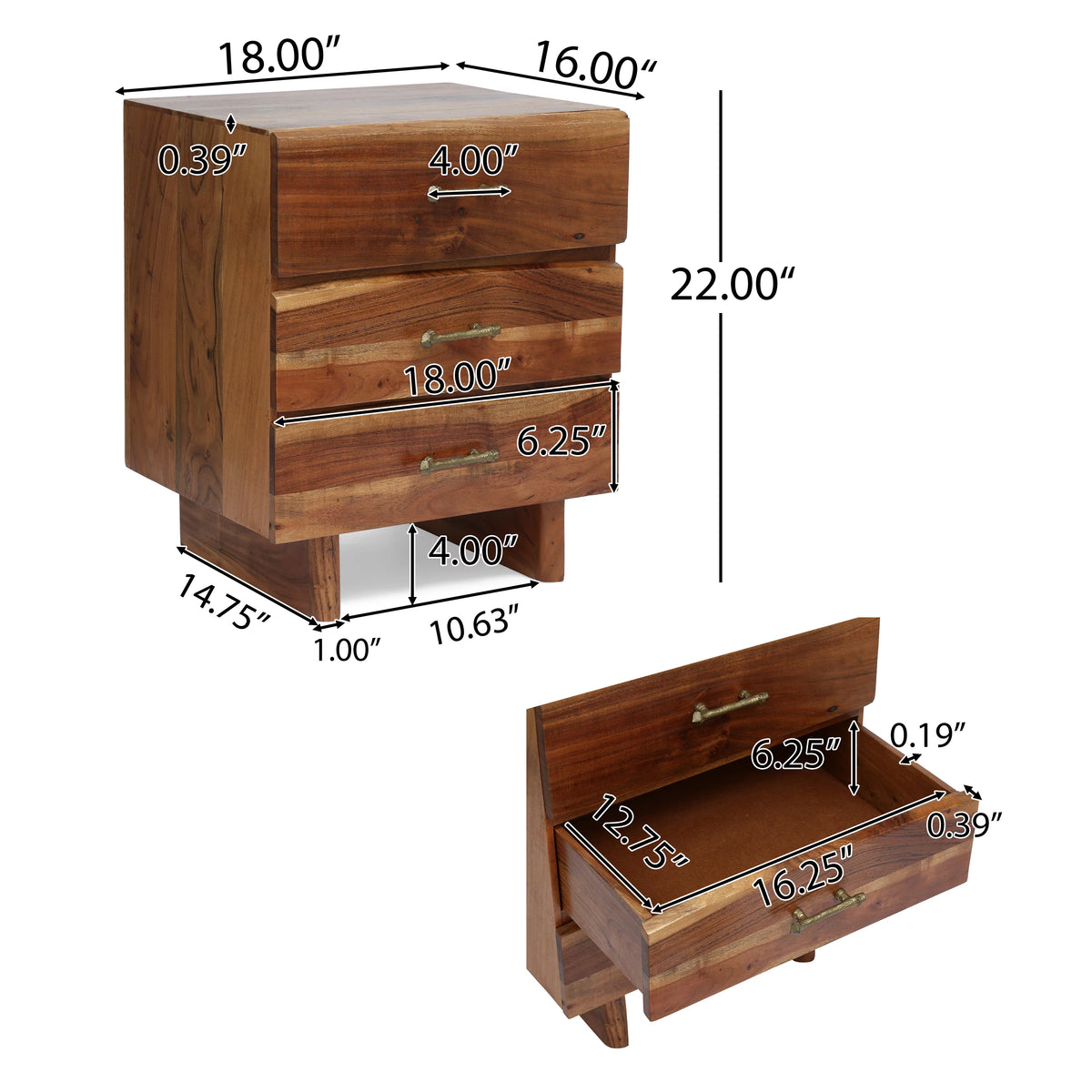 Acacia Wood 3 Drawer Nightstand I15872