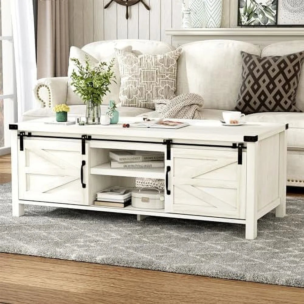 Farmhouse Coffee Table with Sliding Barn Doors B592