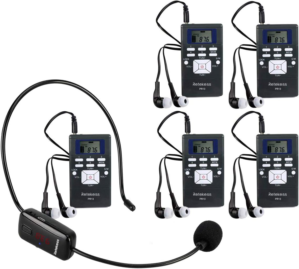 Wireless Microphone Headset System with 1 Transmitter and 5 Portable FM Radio Receiver with Earphone J384214