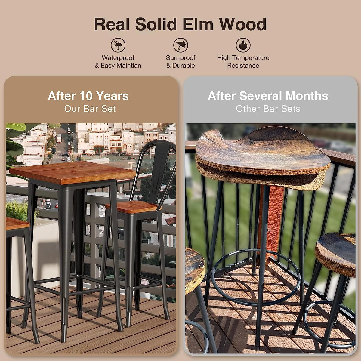 3 Piece Pub Table and Chairs Set with Elm Top and Metal Frame J68001