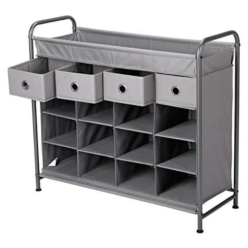 Grey 16 Cubby Shoe Rack Organizer with 4 Drawers U1896