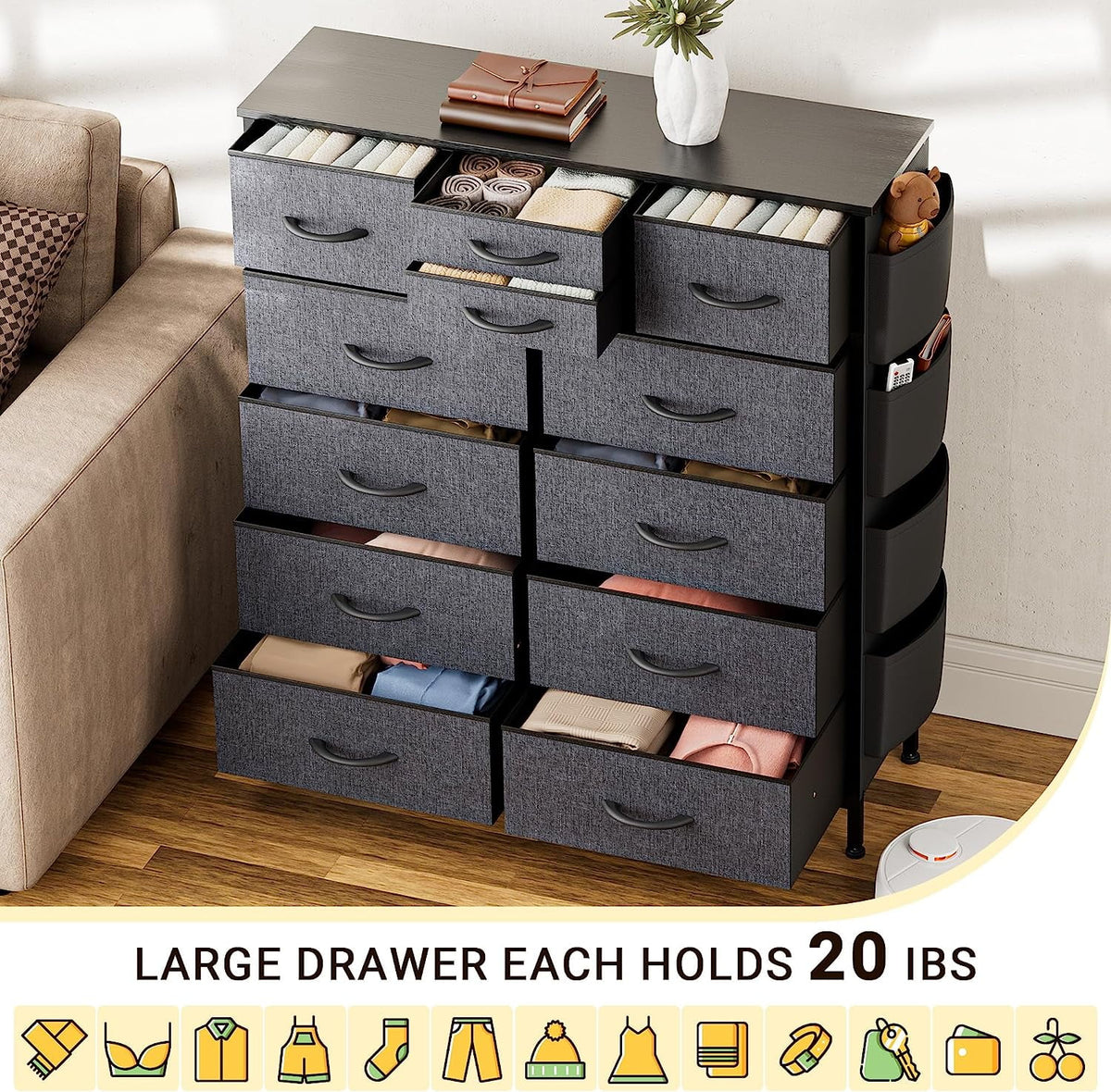 Rustic Brown 12 Drawer Fabric Dresser Q305