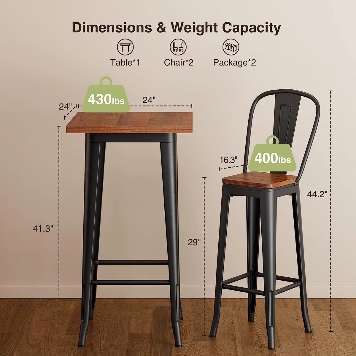 3 Piece Pub Table and Chairs Set with Elm Top and Metal Frame J68001