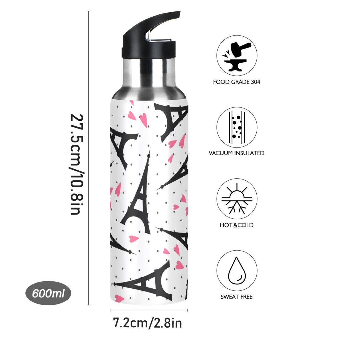 Stainless Steel Insulated Vacuum Flask Water Bottle with Straw Lid M8958