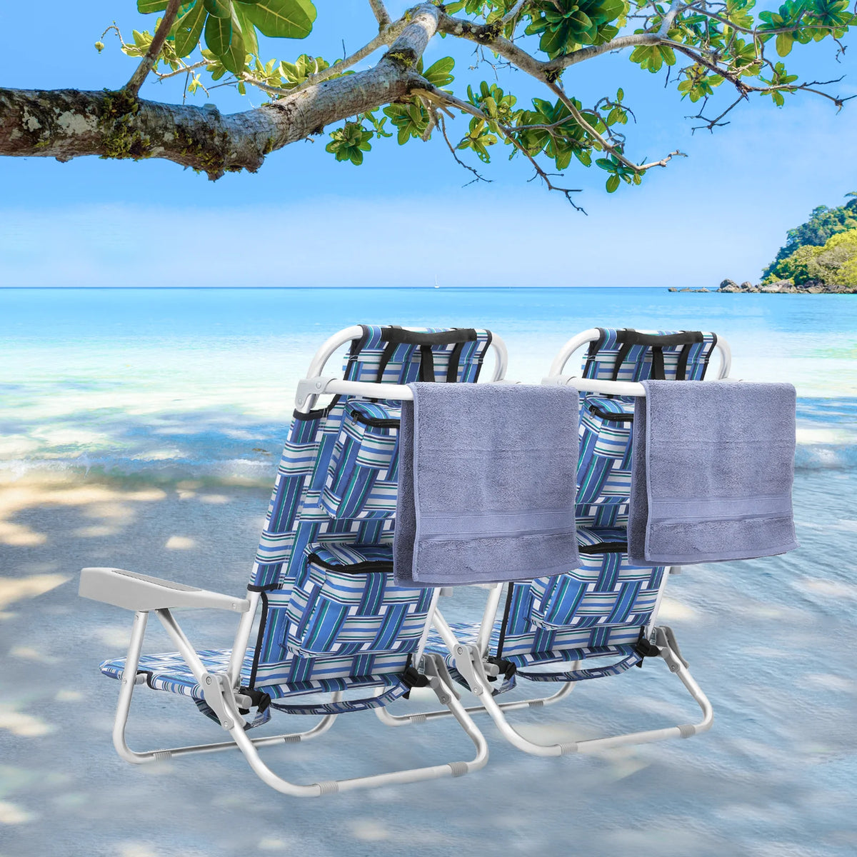 Blue Stripes Folding Beach Chairs Set of 2 with Side Pocket W876917