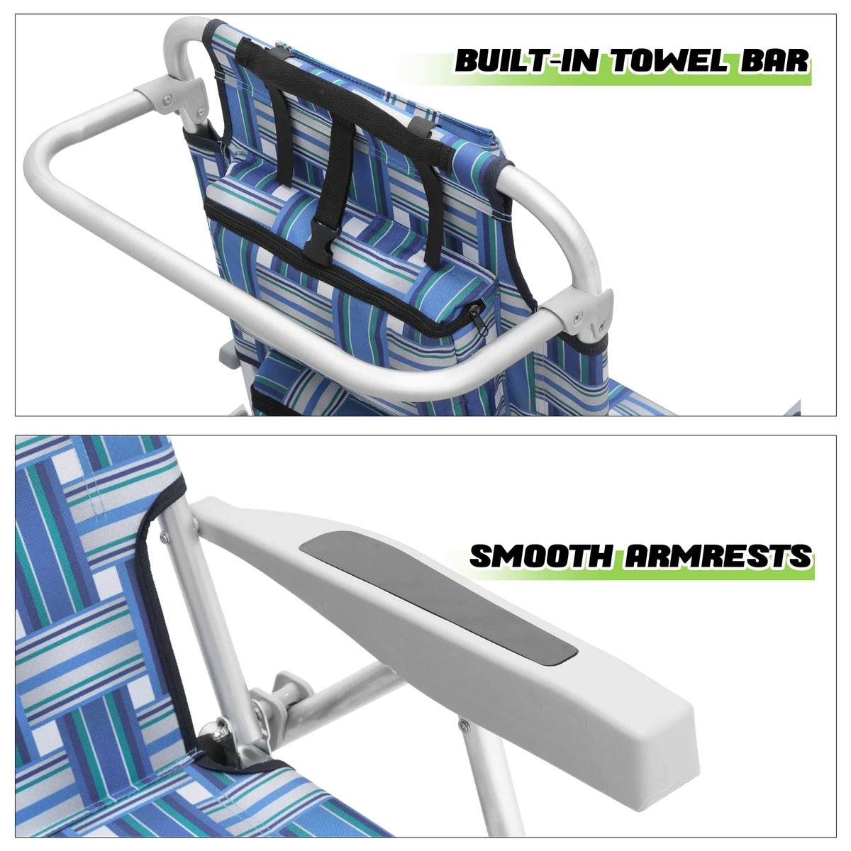 Blue Stripes Folding Beach Chairs Set of 2 with Side Pocket W876917