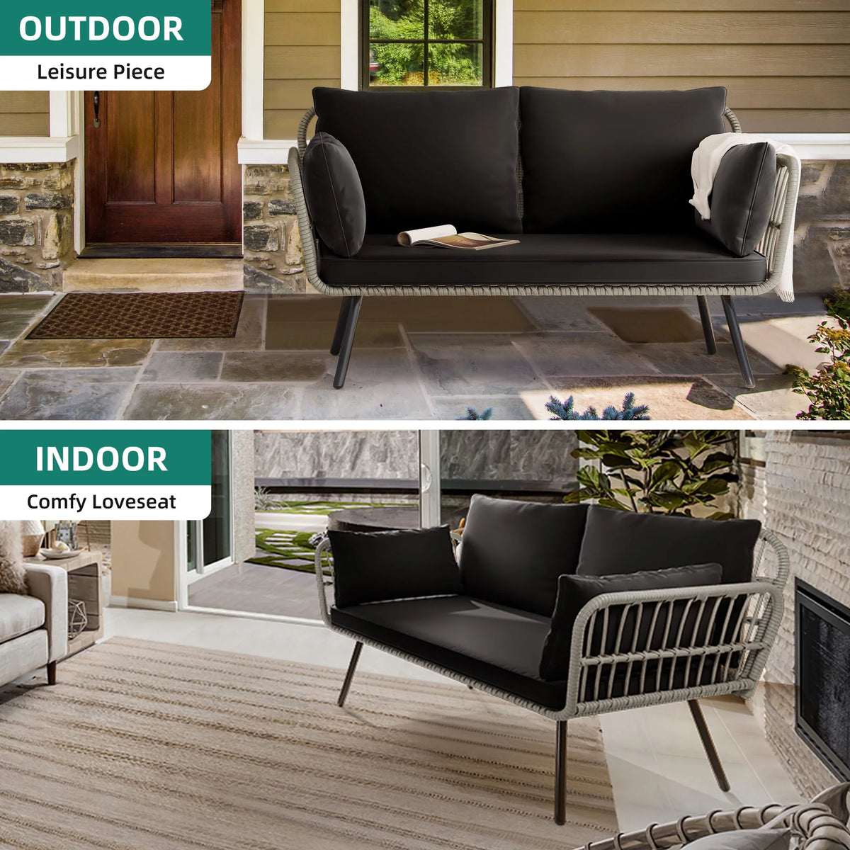 All-Weather Wicker Rattan 2 Seater Loveseat Sofa with Black Cushions & Lumbar Pillows E5943
