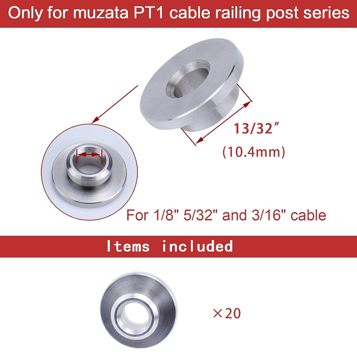20Pack Cable Railing Kit Wheel Protective Protector Sleeves Washer Insert Plug for Wire Rope Metal Posts T316 Stainless Steel Deck Balcony I2093