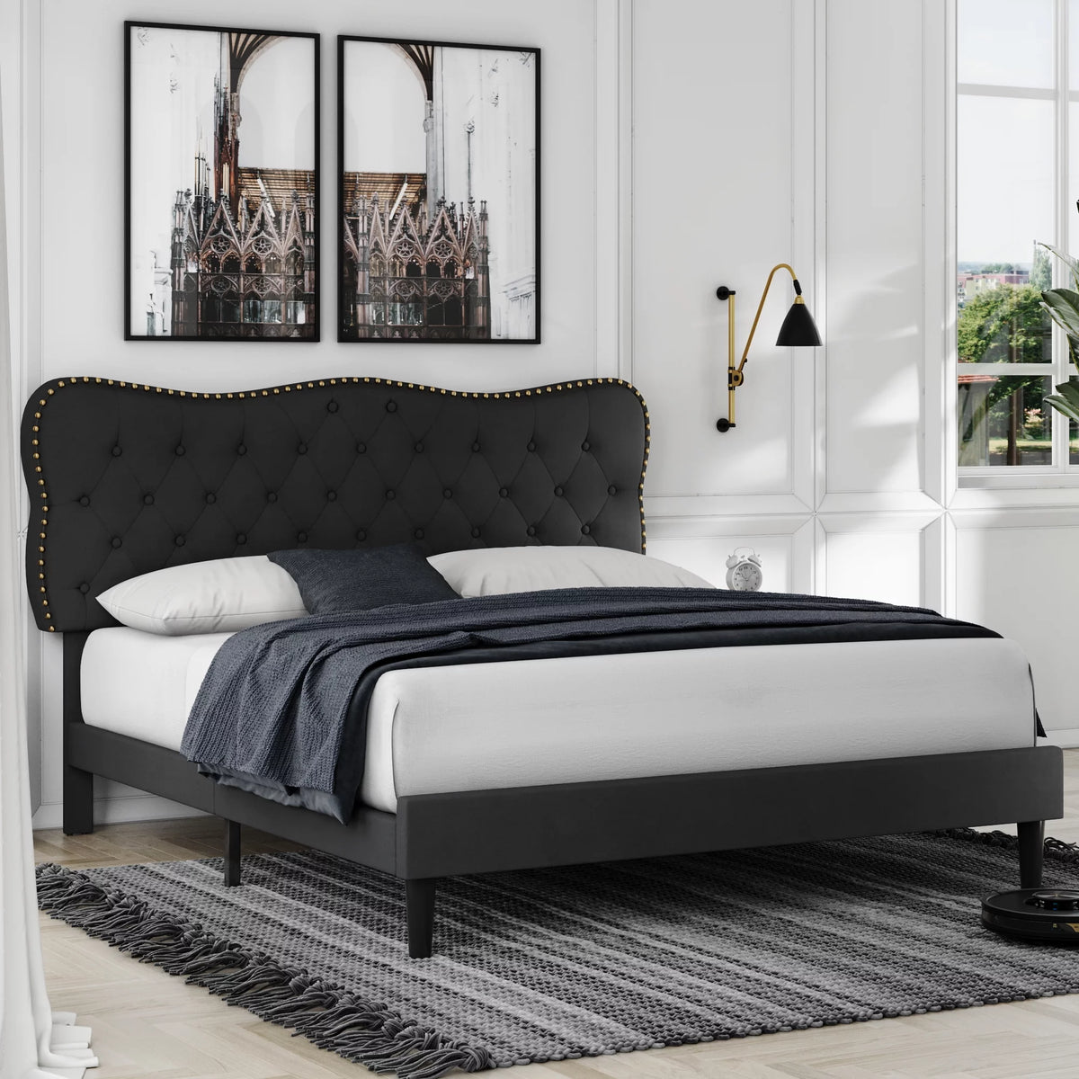 Black Queen Size Linen Upholstered Platform Bed with Tufted Headboard Y167716