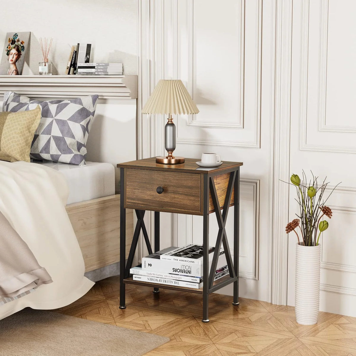 Brown Nightstand with Drawer and Storage Shelf R2464