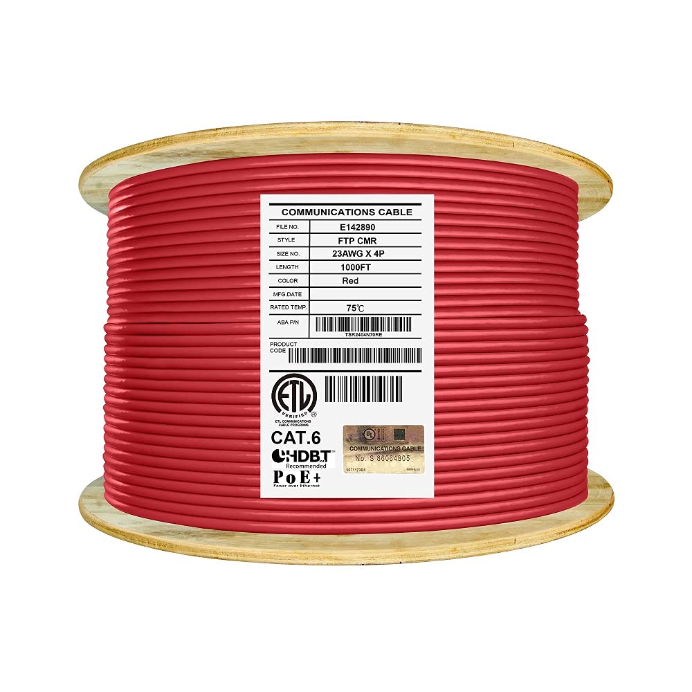 Bulk Ethernet Cable Reel, Cat6 Shielded Riser, 1000ft, F/UTP 23AWG, Solid Bare Copper, Orange L2141