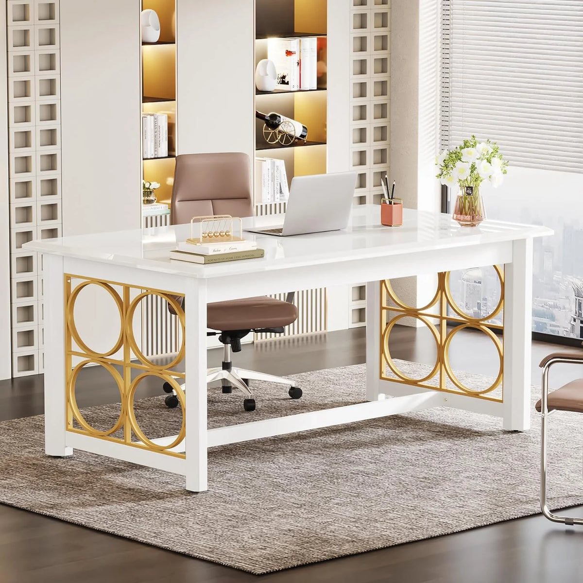 63 Inch Modern Office Desk with Gold Metal Legs X404578