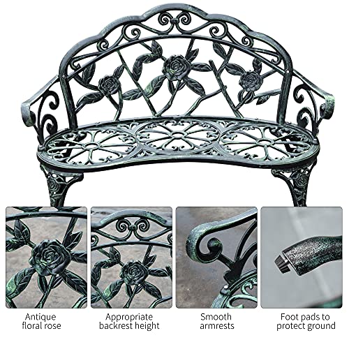 Green Cast Aluminum Metal Bench with Floral Rose Accent B1741