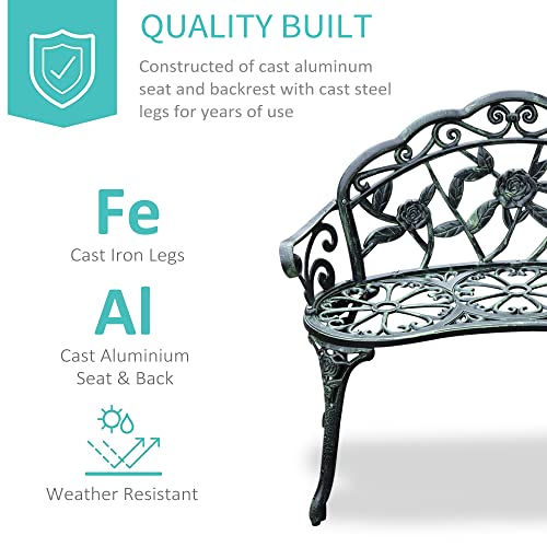 Green Cast Aluminum Metal Bench with Floral Rose Accent B1741