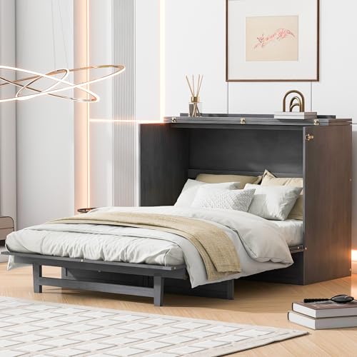 White Full Size Murphy Bed with USB Ports and Drawer F514