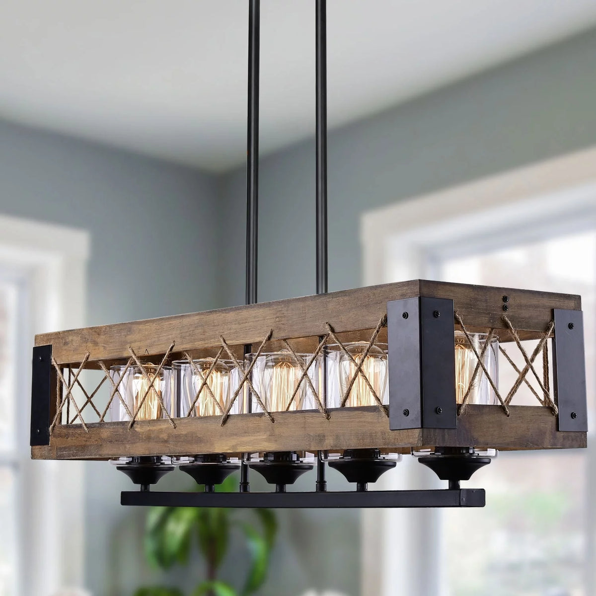 Farmhouse 5-Light Wood Linear Chandelier N123975